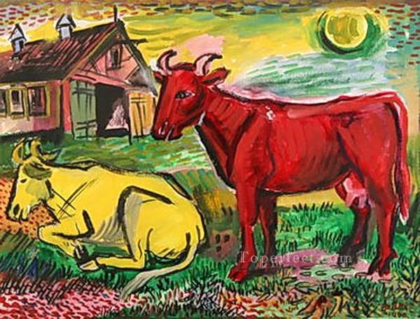 赤と黄色の牛 1945 牛 動物油絵